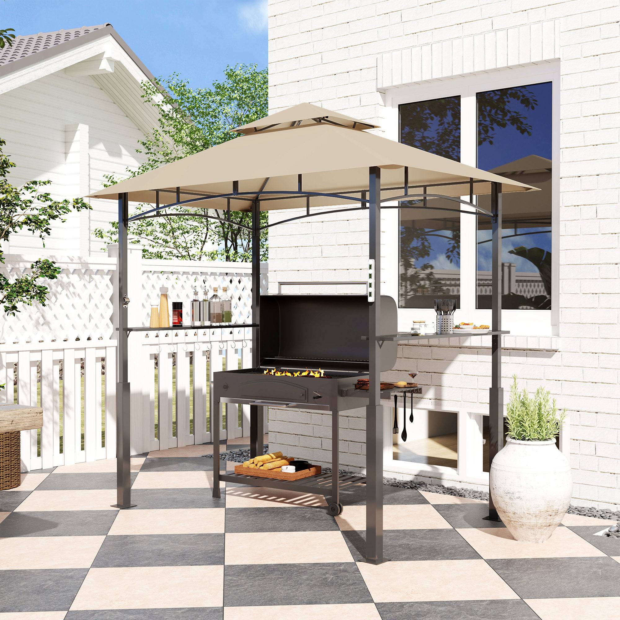Maison Chic - Tonnelle de barbecue à 2 niveaux auvent de réception avec lumière 243x148x248cm Métal Kaki fr500 - Image 4