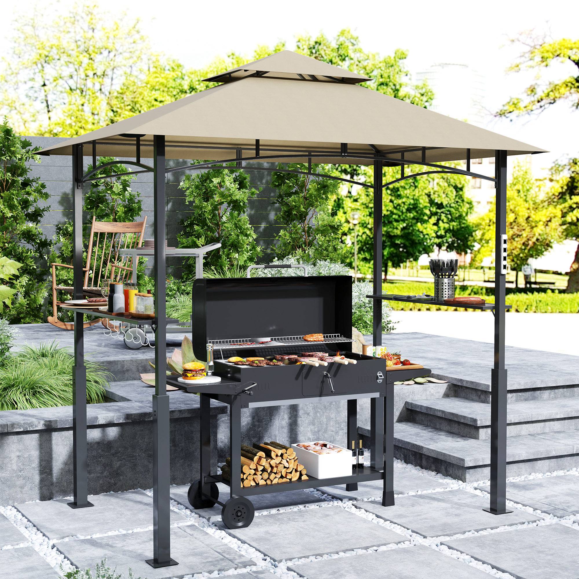 Maison Chic - Tonnelle de barbecue à 2 niveaux auvent de réception avec lumière 243x148x248cm Métal Kaki fr500 - Image 3
