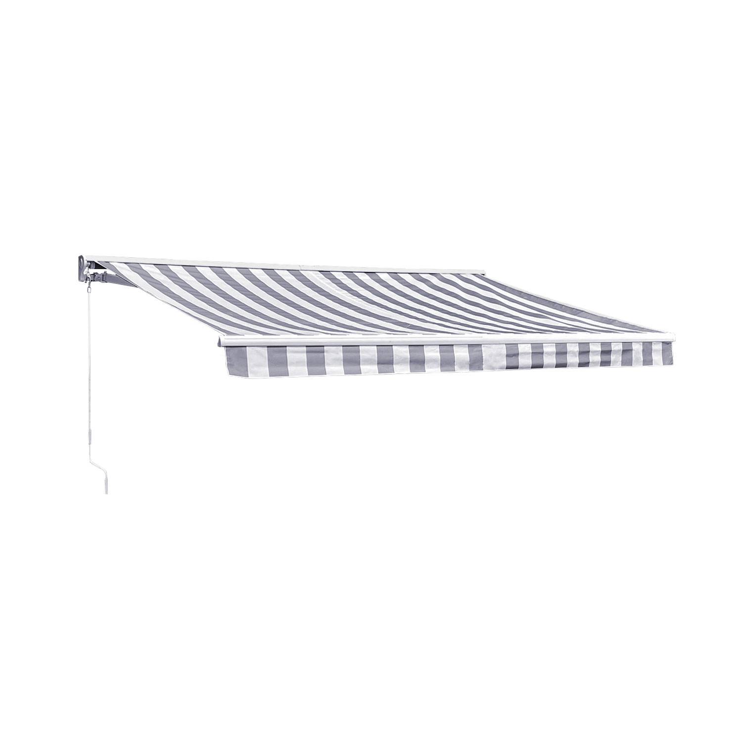 Store banne SAULE 3,5 × 3m avec semi-coffre - Toile rayée blanche/grise et structure blanche - HAPPY GARDEN - Image 1