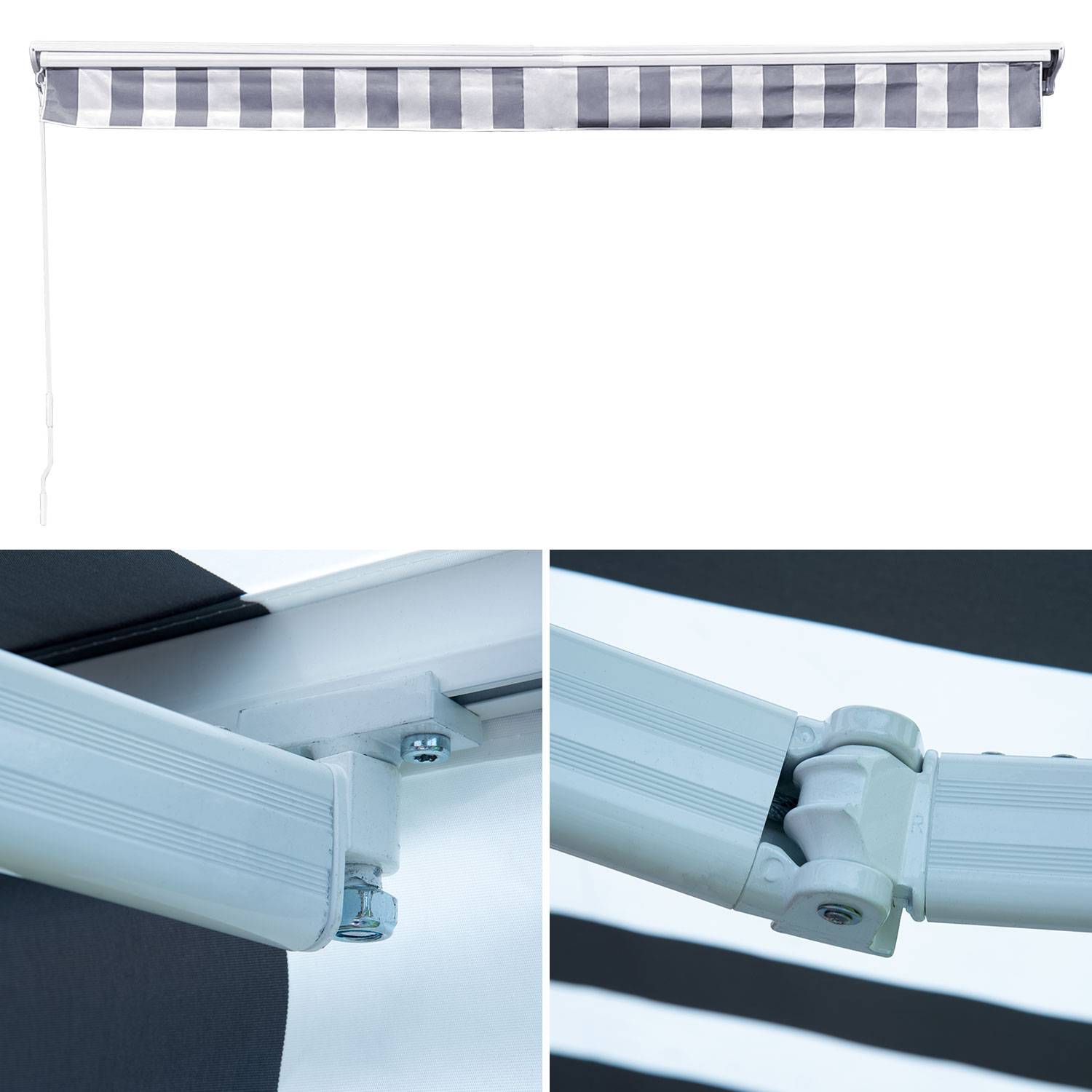 Happy Garden - Store banne SAULE 3,95 × 3m avec semi-coffre - Toile rayée blanche/grise et structure blanche - HAPPY GARDEN - Image 3