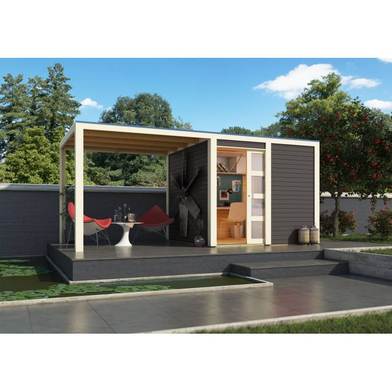 Abri de jardin bois massif 19mm 11,65m² avec appentis 5,6m² porte coulissante Karibu gris - Image 2