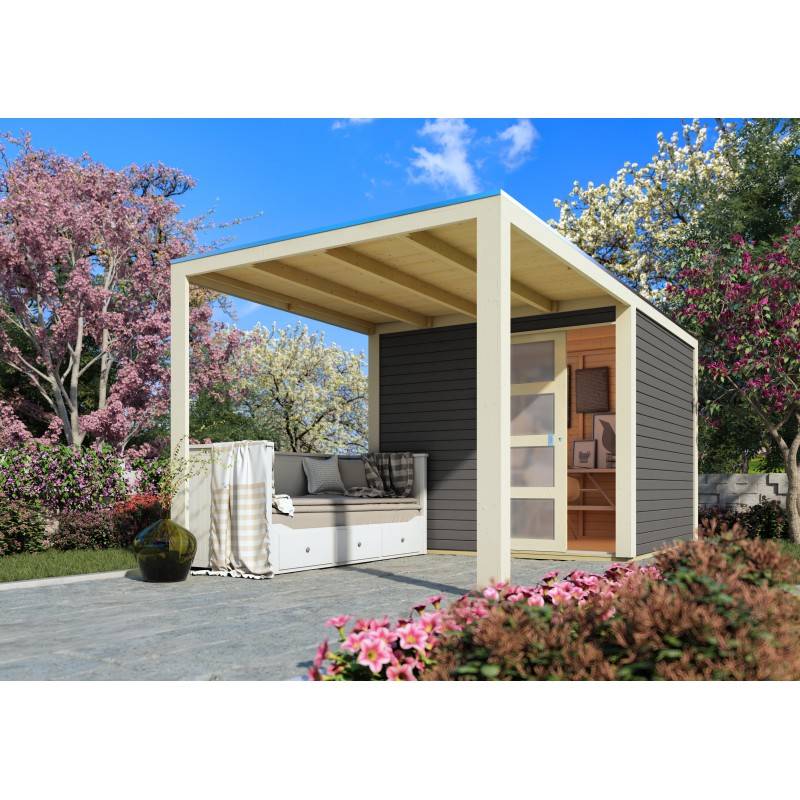 Abri de jardin bois massif 19mm 11,65m² avec appentis 5,6m² porte coulissante Karibu gris - Image 3
