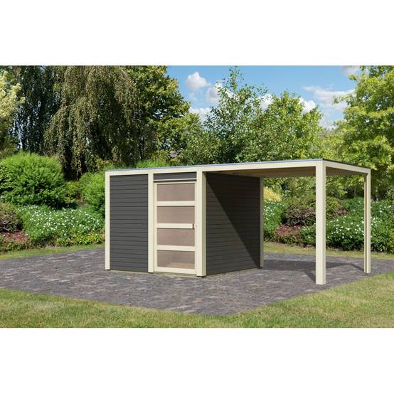 Abri de jardin bois massif 19mm 11,65m² avec appentis 5,6m² porte coulissante Karibu gris - Image 7