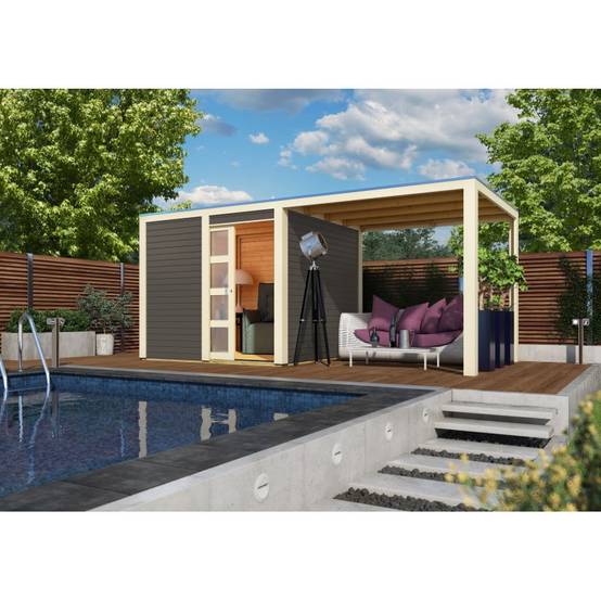 Abri de jardin bois massif 19mm 11,65m² avec appentis 5,6m² porte coulissante Karibu gris - Image 1