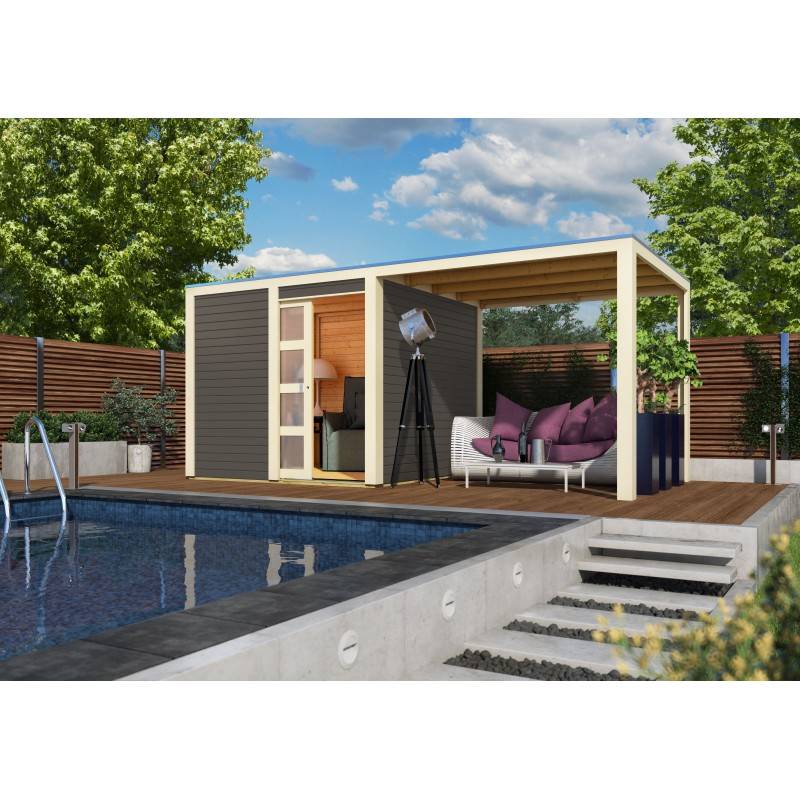 Abri de jardin bois massif 19mm 11,65m² avec appentis 5,6m² porte coulissante Karibu gris - Image 1