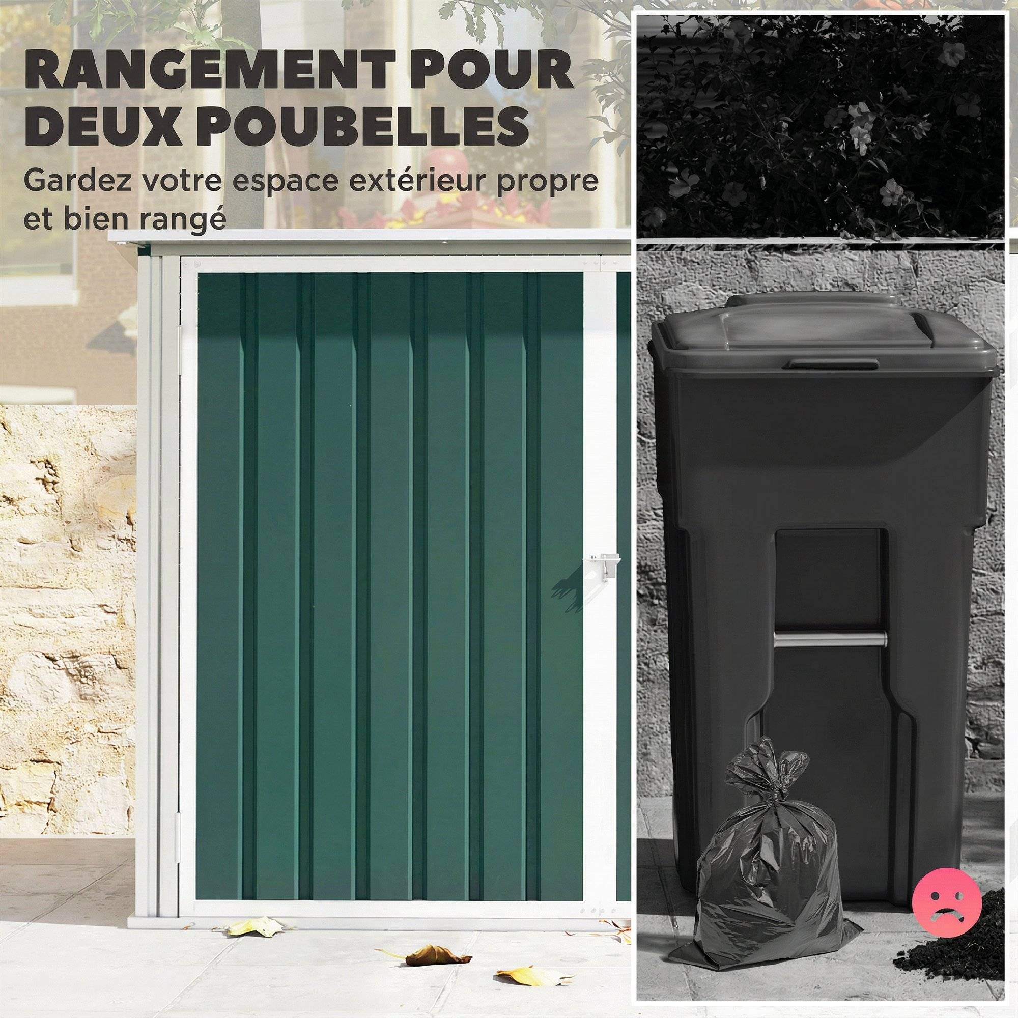 Cache Poubelle Extérieur en Acier Galvanisé pour 2 Poubelles Double Porte Couvercle Pneumatique 180 x 108 x 130 cm - Image 6