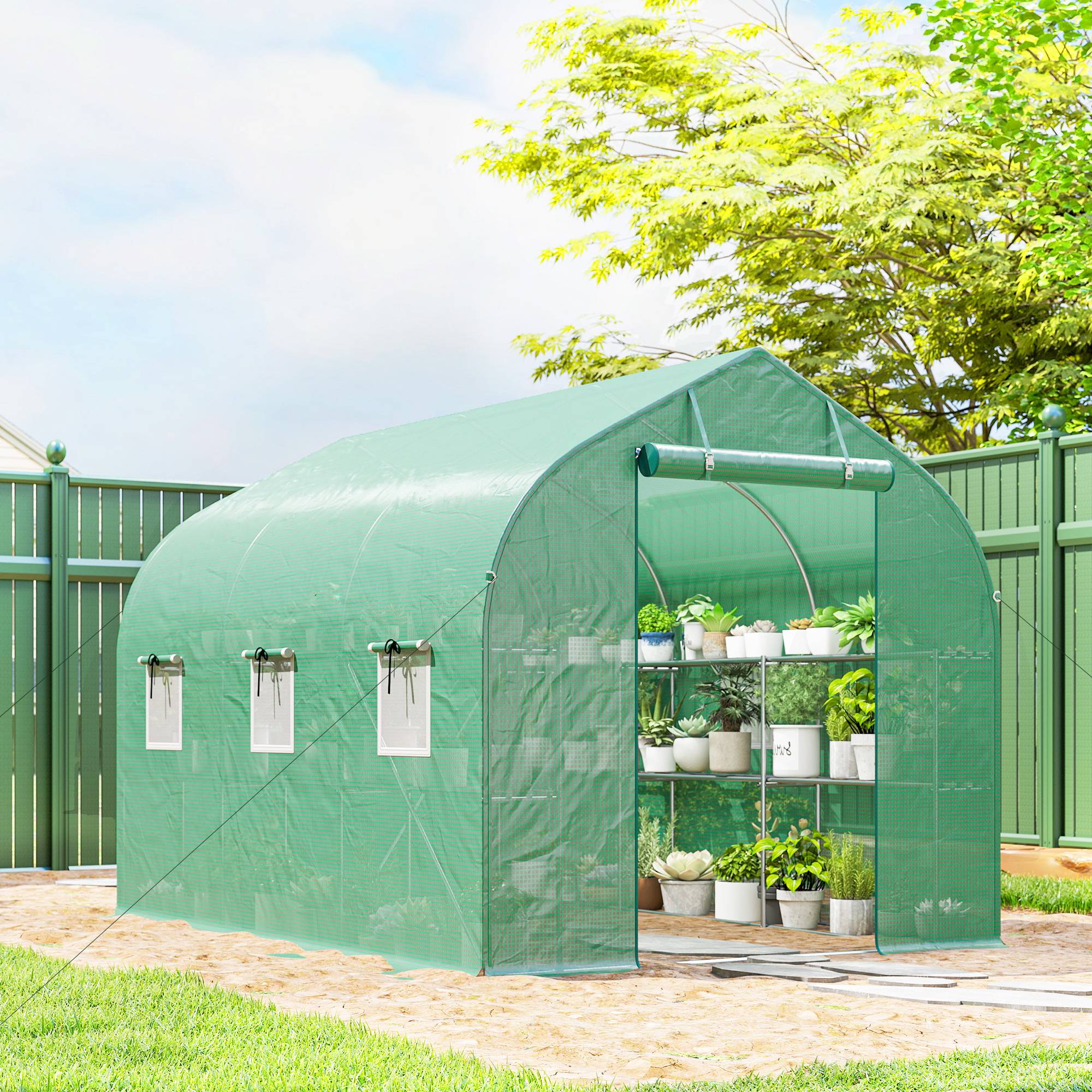 Maison Chic - Serre tunnel de jardin 6m², serre de jardin avec étagères, porte et 6 fenêtres, cadre en acier galvanisé, vert - Image 4