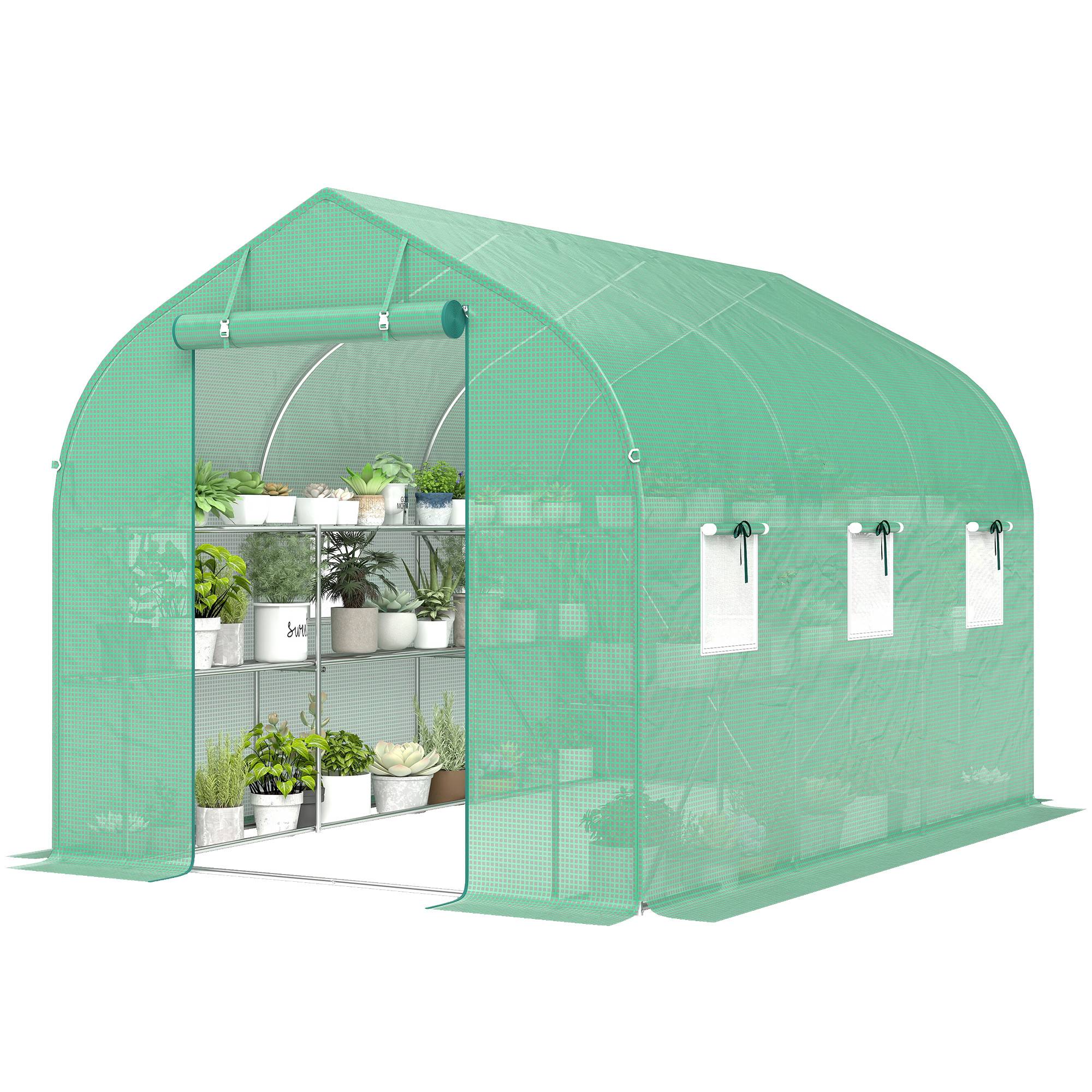 Maison Chic - Serre tunnel de jardin 6m², serre de jardin avec étagères, porte et 6 fenêtres, cadre en acier galvanisé, vert - Image 1