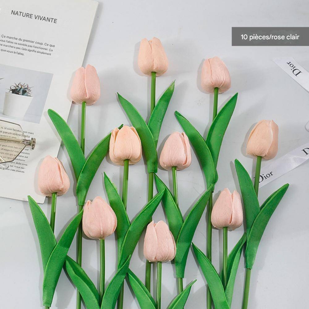 Bouquet de 10 Tulipes Artificielles Rose Clair - Matière PU Souple et Réaliste - Décoration Élégante - Lytech - Image 1