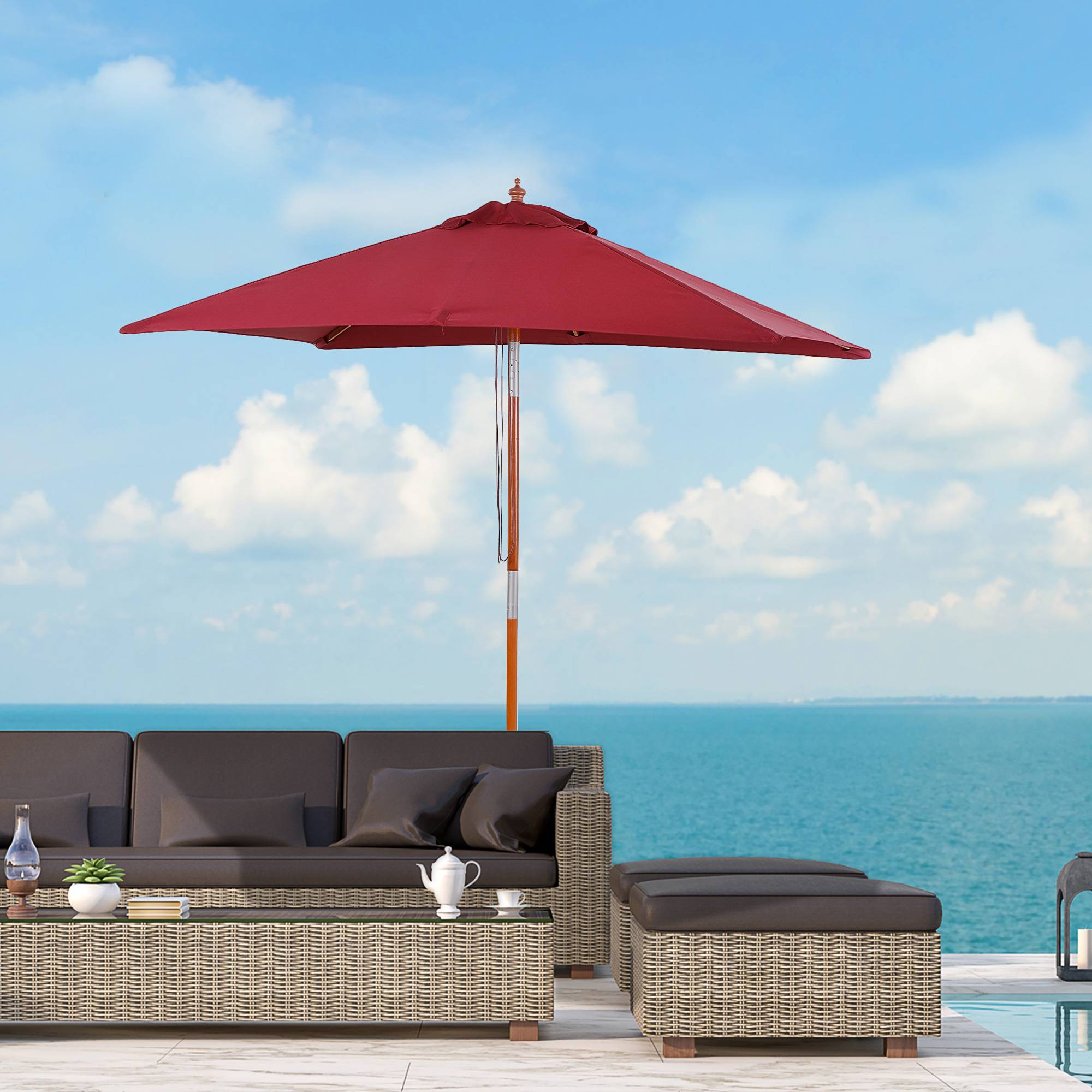 Parasol rectangulaire bois terrasse inclinable anti UV 200x150cm rouge - ComfortXL Outdoor Living - Image 3