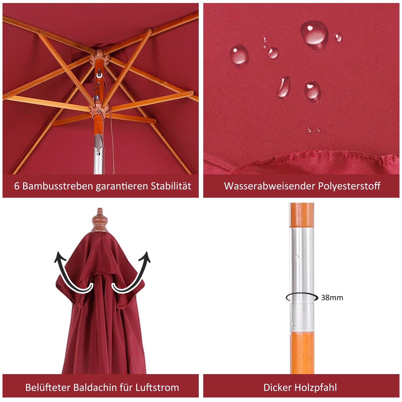 Parasol rectangulaire bois terrasse inclinable anti UV 200x150cm rouge - ComfortXL Outdoor Living - Image 8