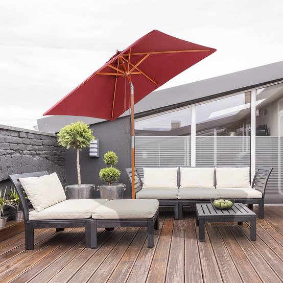 Parasol rectangulaire bois terrasse inclinable anti UV 200x150cm rouge - ComfortXL Outdoor Living - Image 4