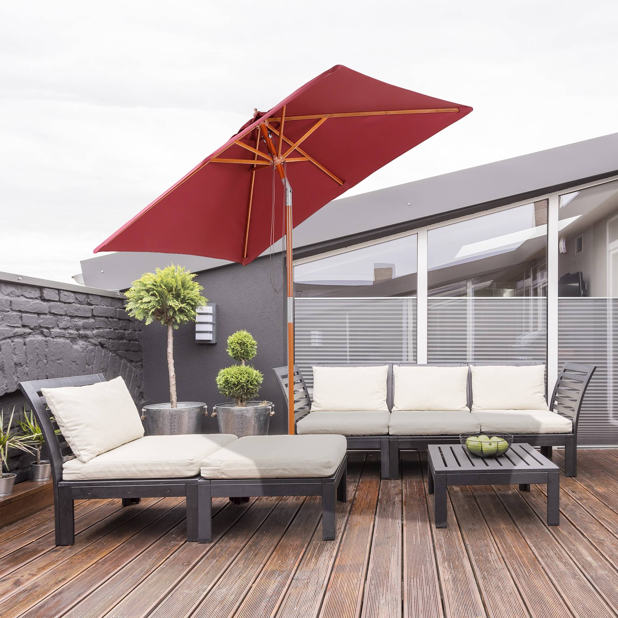 Parasol rectangulaire bois terrasse inclinable anti UV 200x150cm rouge - ComfortXL Outdoor Living - Image 4