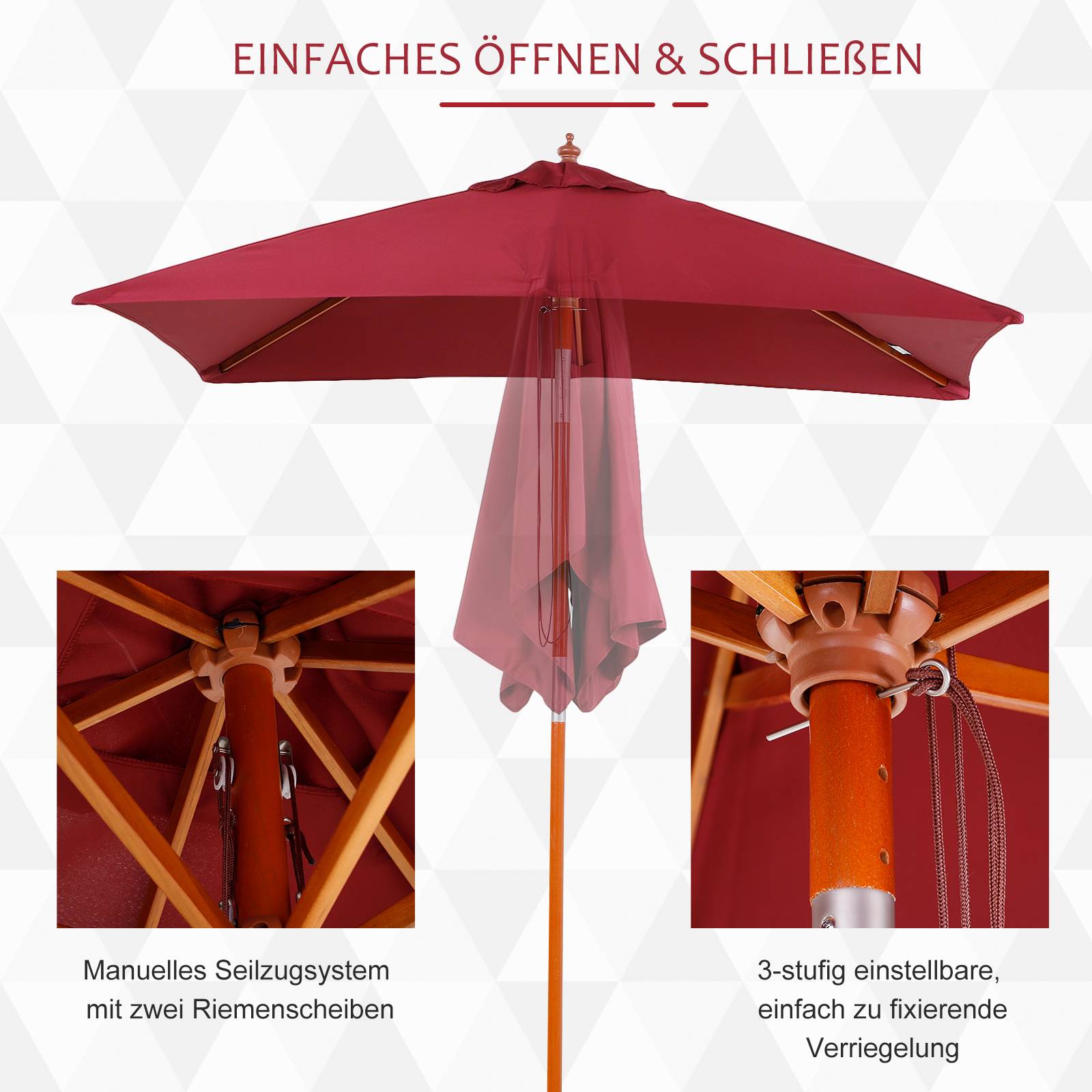 Parasol rectangulaire bois terrasse inclinable anti UV 200x150cm rouge - ComfortXL Outdoor Living - Image 7