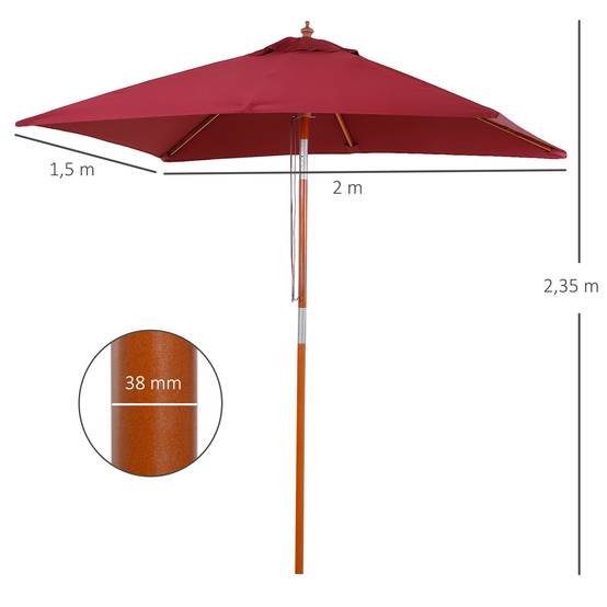 Parasol rectangulaire bois terrasse inclinable anti UV 200x150cm rouge - ComfortXL Outdoor Living - Image 5