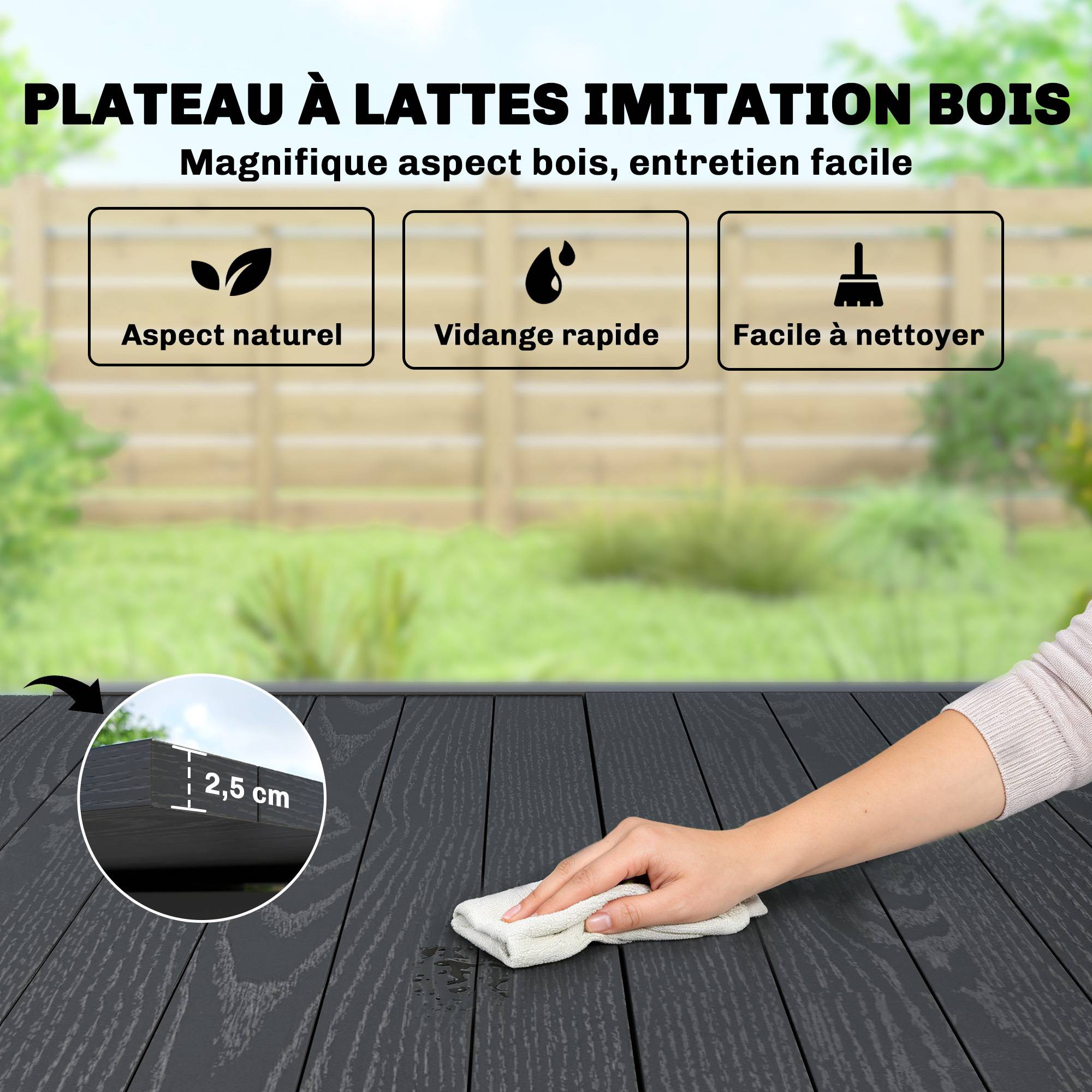 Sans Marque - Table de jardin extensible pour 4-6 personnes avec rallonge auto-stockée aluminium avec effet bois 80-160 x 80 cm noir - Image 8