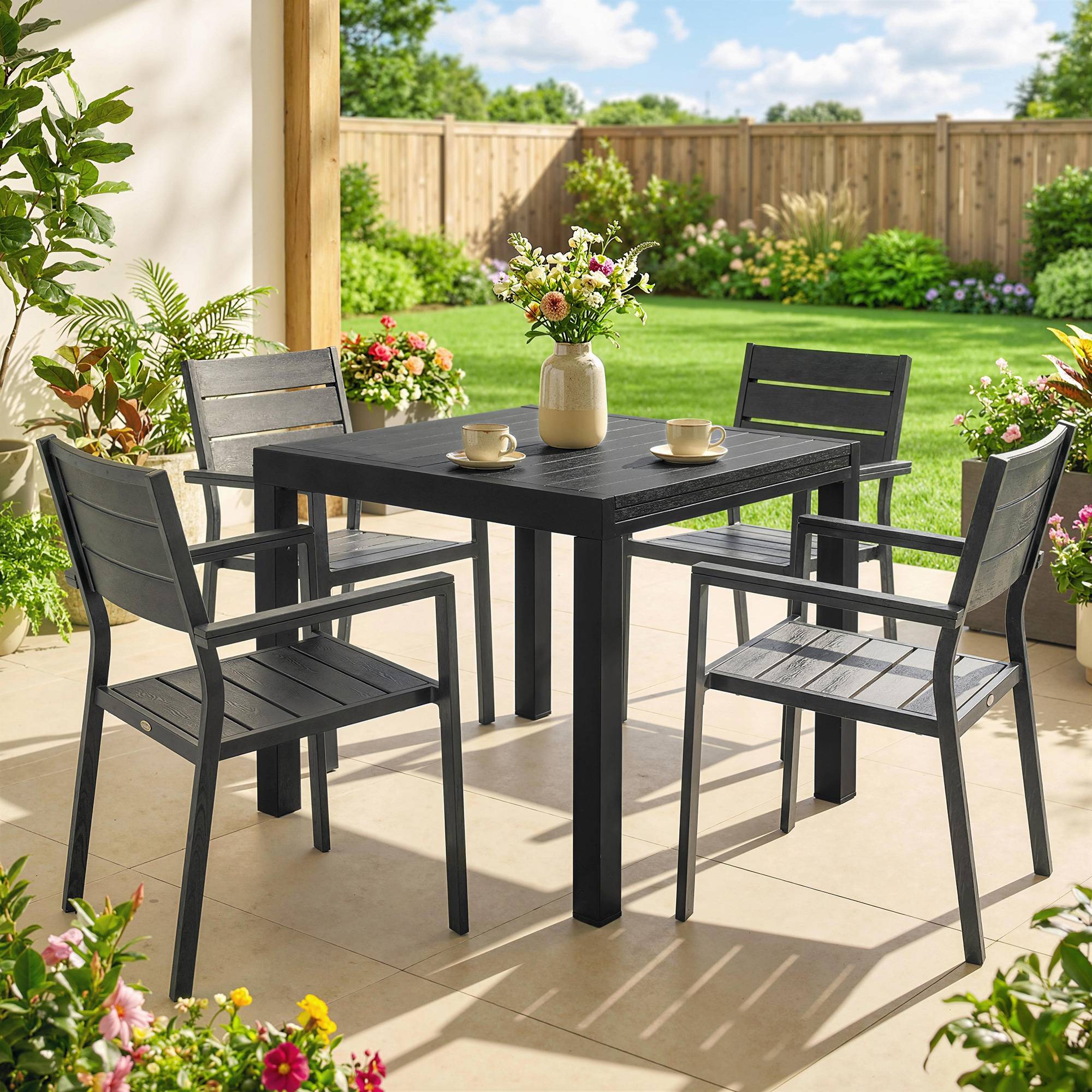 Sans Marque - Table de jardin extensible pour 4-6 personnes avec rallonge auto-stockée aluminium avec effet bois 80-160 x 80 cm noir - Image 10