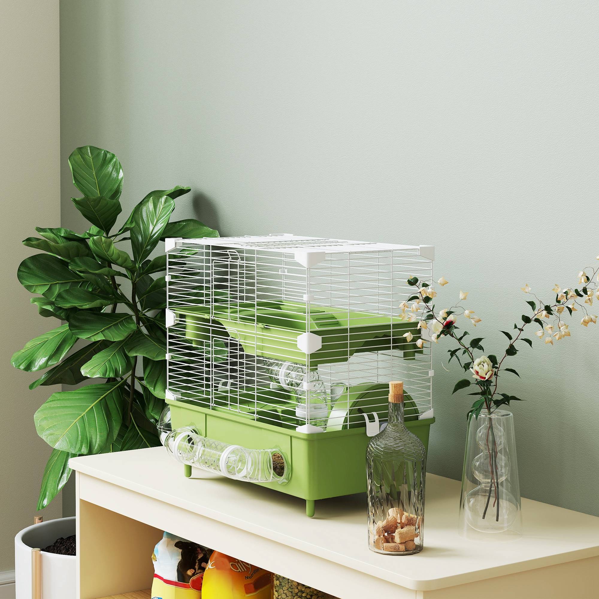 Cage Acier PP Hamsters 2 Niveaux Ventilation Optimale Tubes 44x28x44cm Vert - ComfortXL Outdoor Living - Image 10