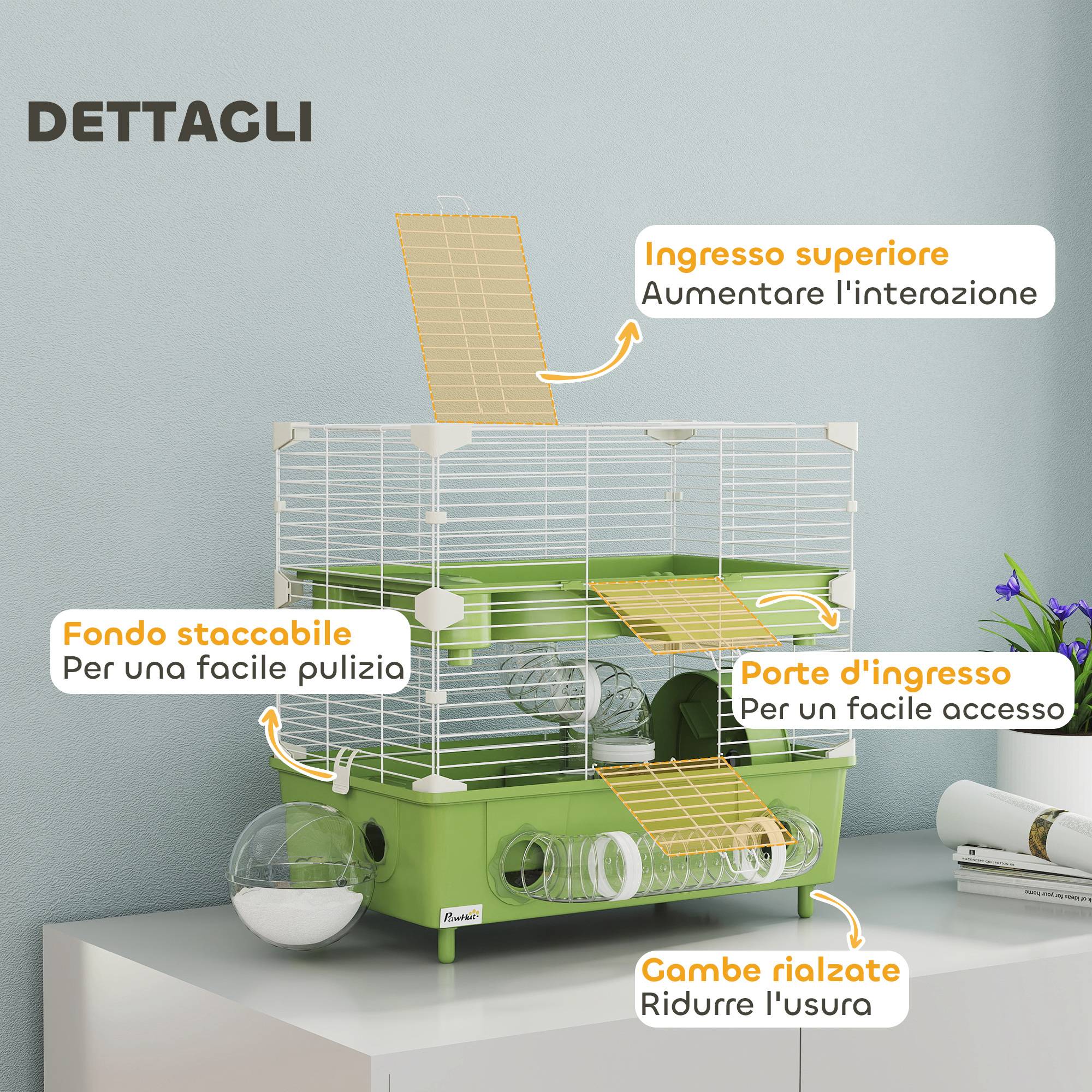 Cage Acier PP Hamsters 2 Niveaux Ventilation Optimale Tubes 44x28x44cm Vert - ComfortXL Outdoor Living - Image 8