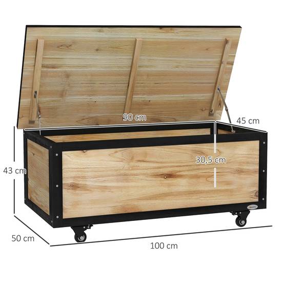 ComfortXL - Coffre de rangement jardin en bois de sapin naturel 121 L 100 x 50 x 43 cm mobile avec roues et couvercle - Image 3