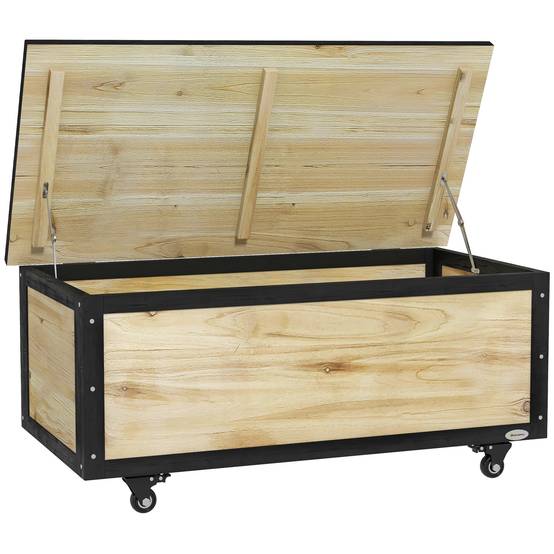 ComfortXL - Coffre de rangement jardin en bois de sapin naturel 121 L 100 x 50 x 43 cm mobile avec roues et couvercle - Image 10