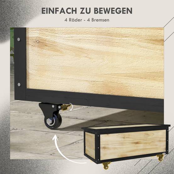 ComfortXL - Coffre de rangement jardin en bois de sapin naturel 121 L 100 x 50 x 43 cm mobile avec roues et couvercle - Image 4