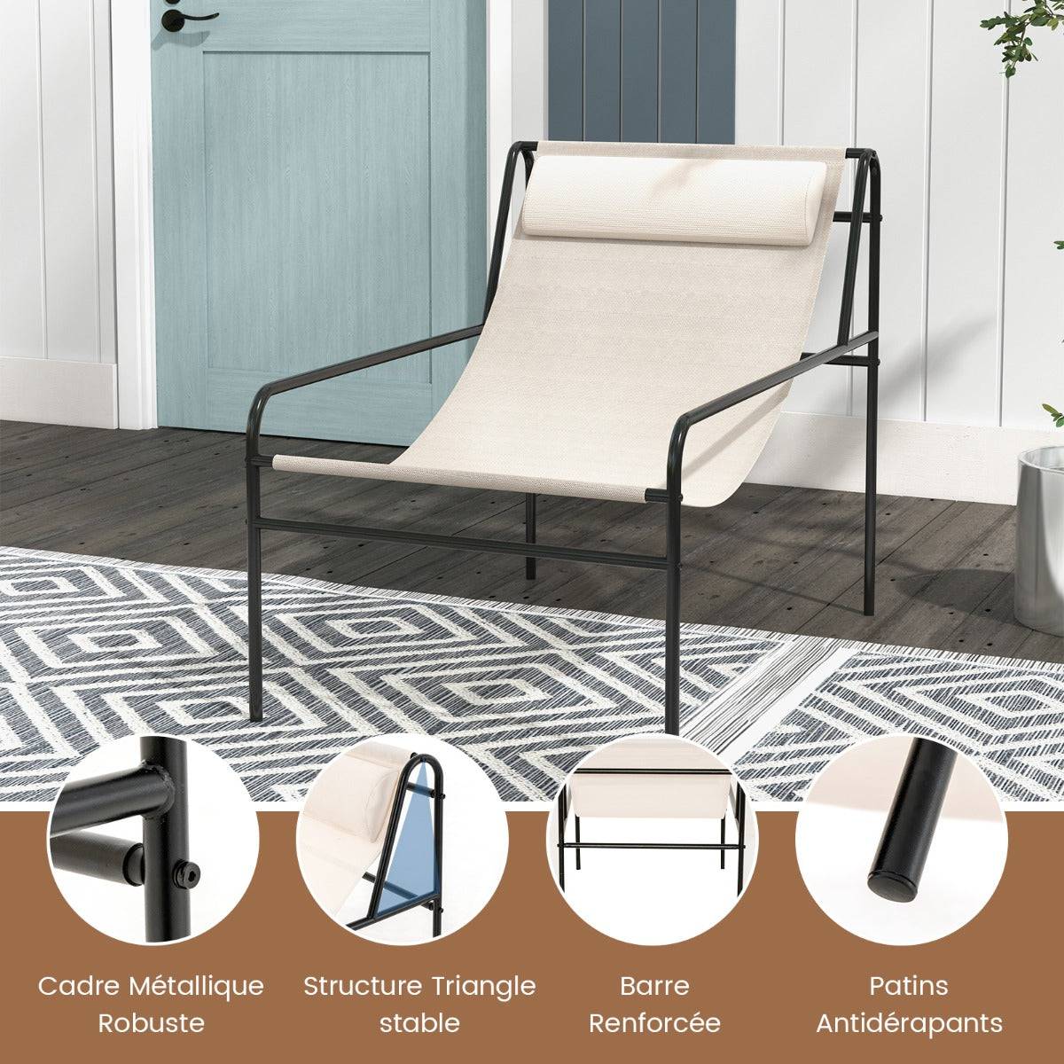 Helloshop26 - Chaise longue de jardin en textilène appui-tête amovible patins antidérapants cadre en métal charge 160 kg beige - Image 2