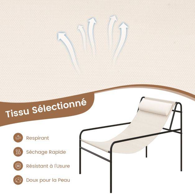 Helloshop26 - Chaise longue de jardin en textilène appui-tête amovible patins antidérapants cadre en métal charge 160 kg beige - Image 3