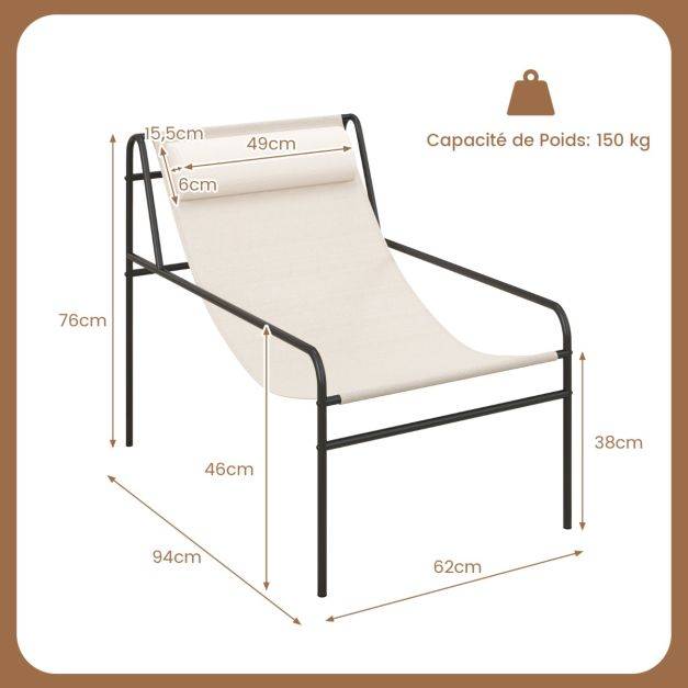 Helloshop26 - Chaise longue de jardin en textilène appui-tête amovible patins antidérapants cadre en métal charge 160 kg beige - Image 4