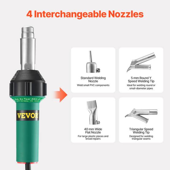VEVOR Soudeur plastique air chaud 1600W, pistolet 50-600°C, kit toiture avec buses/rouleau/lames, films PP/PE/PVC. - Image 3