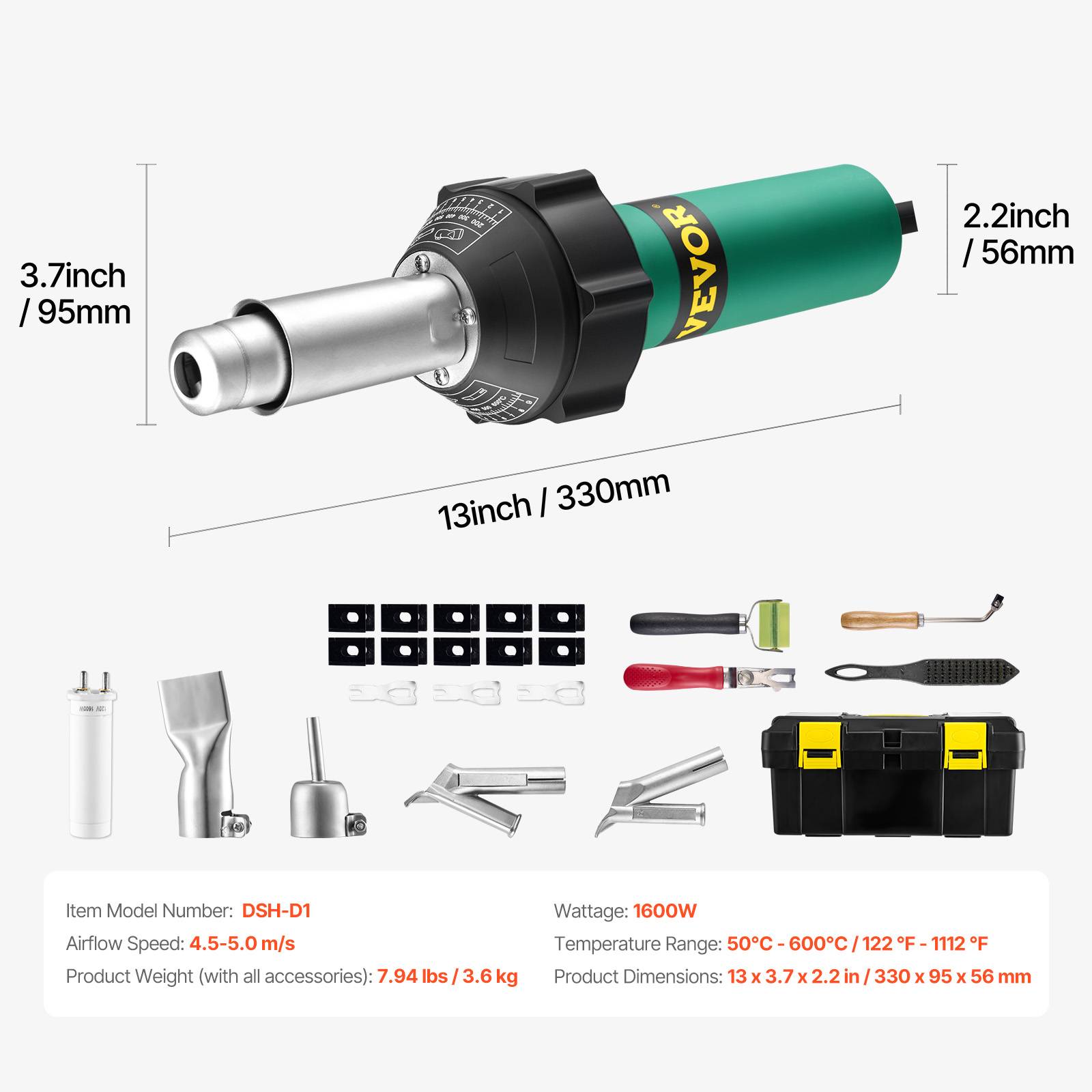 VEVOR Soudeur plastique air chaud 1600W, pistolet 50-600°C, kit toiture avec buses/rouleau/lames, films PP/PE/PVC. - Image 7