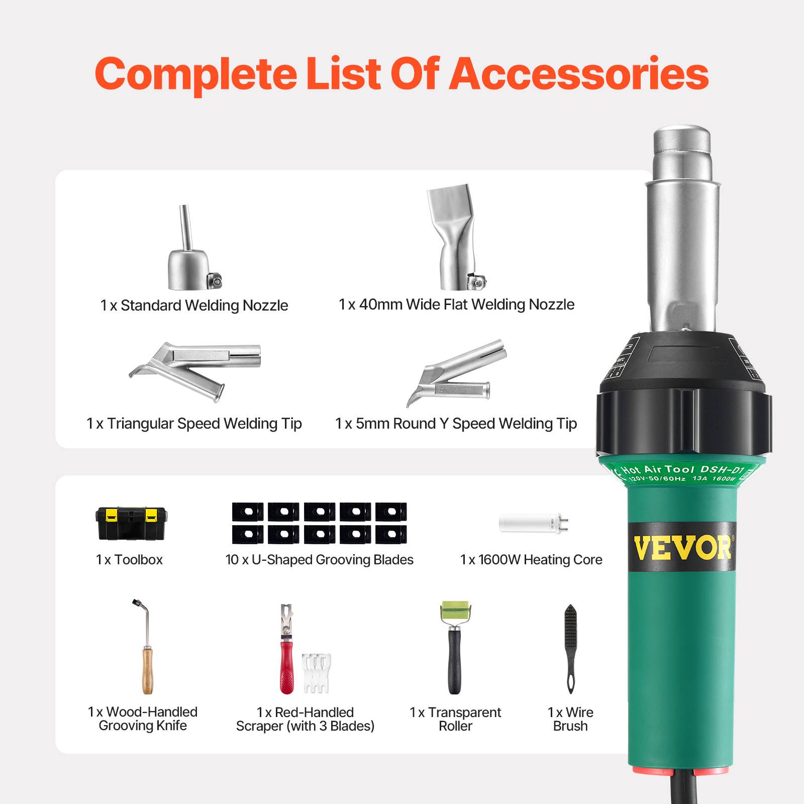 VEVOR Soudeur plastique air chaud 1600W, pistolet 50-600°C, kit toiture avec buses/rouleau/lames, films PP/PE/PVC. - Image 6