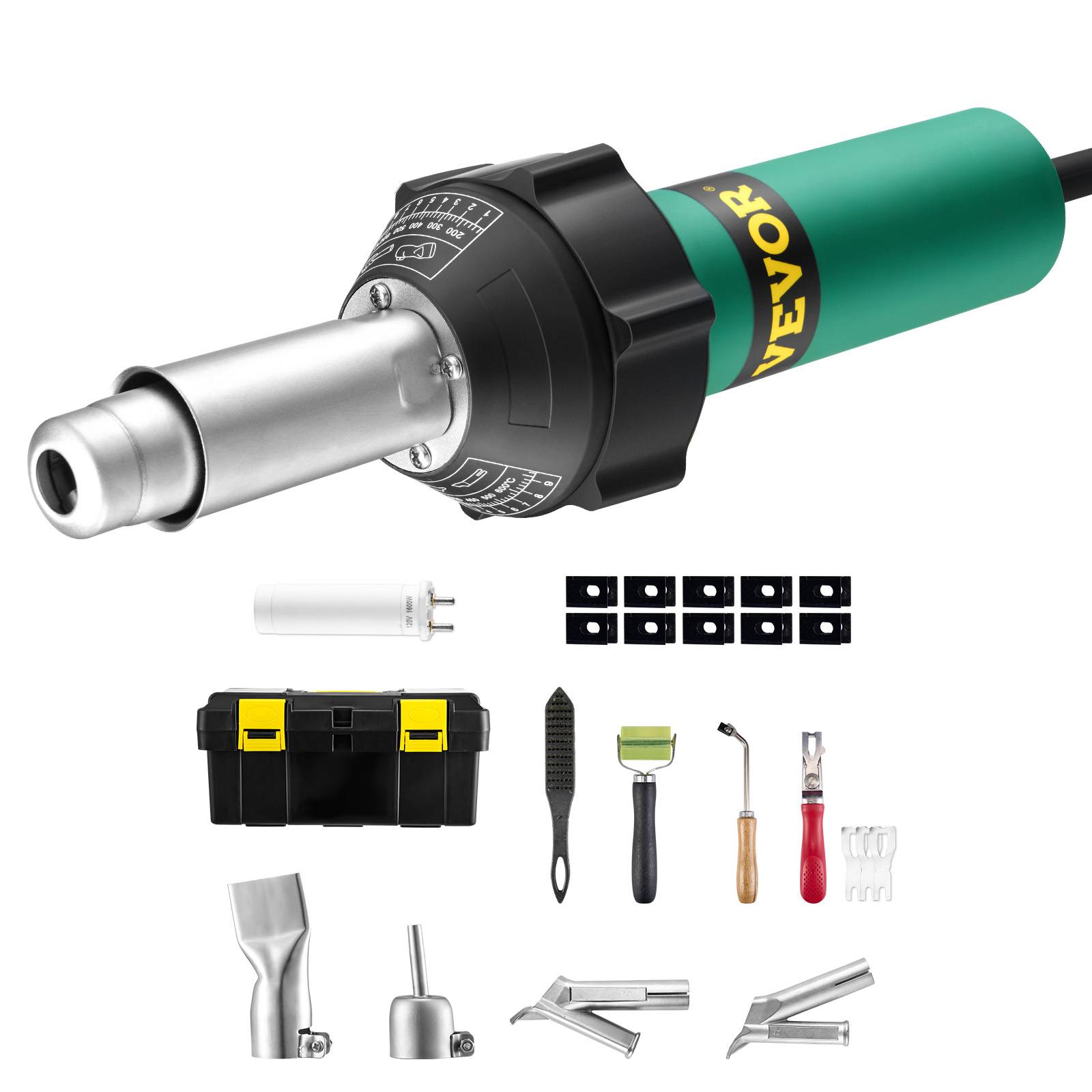 VEVOR Soudeur plastique air chaud 1600W, pistolet 50-600°C, kit toiture avec buses/rouleau/lames, films PP/PE/PVC. - Image 1