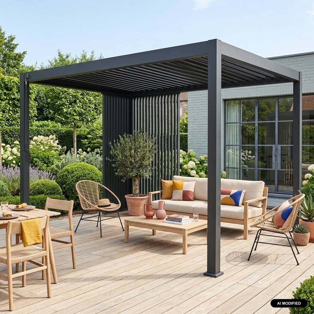 sweeek - Pergola bioclimatique aluminium 4x3m anthracite + persiennes verticales 100cm et 130cm Triomphe | sweeek