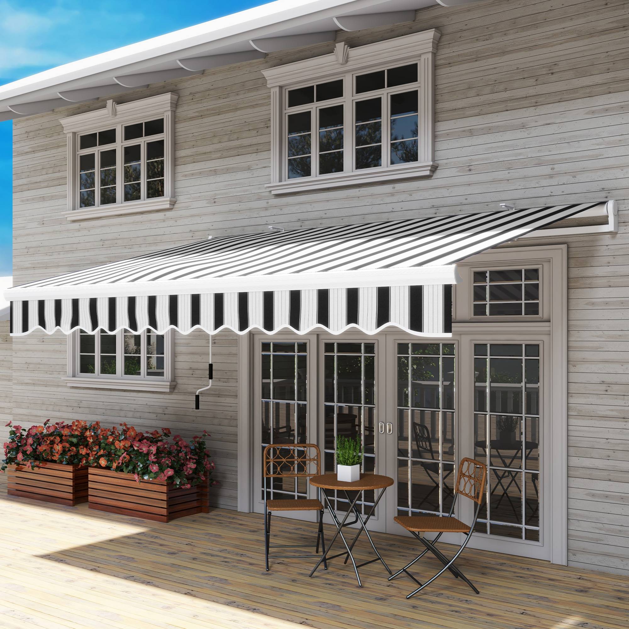Store banne rétractable manuel 395 x 245 cm, bras articulé à angle réglable, protection UV et étanchéité, fixation murale, bleu et blanc - Image 4