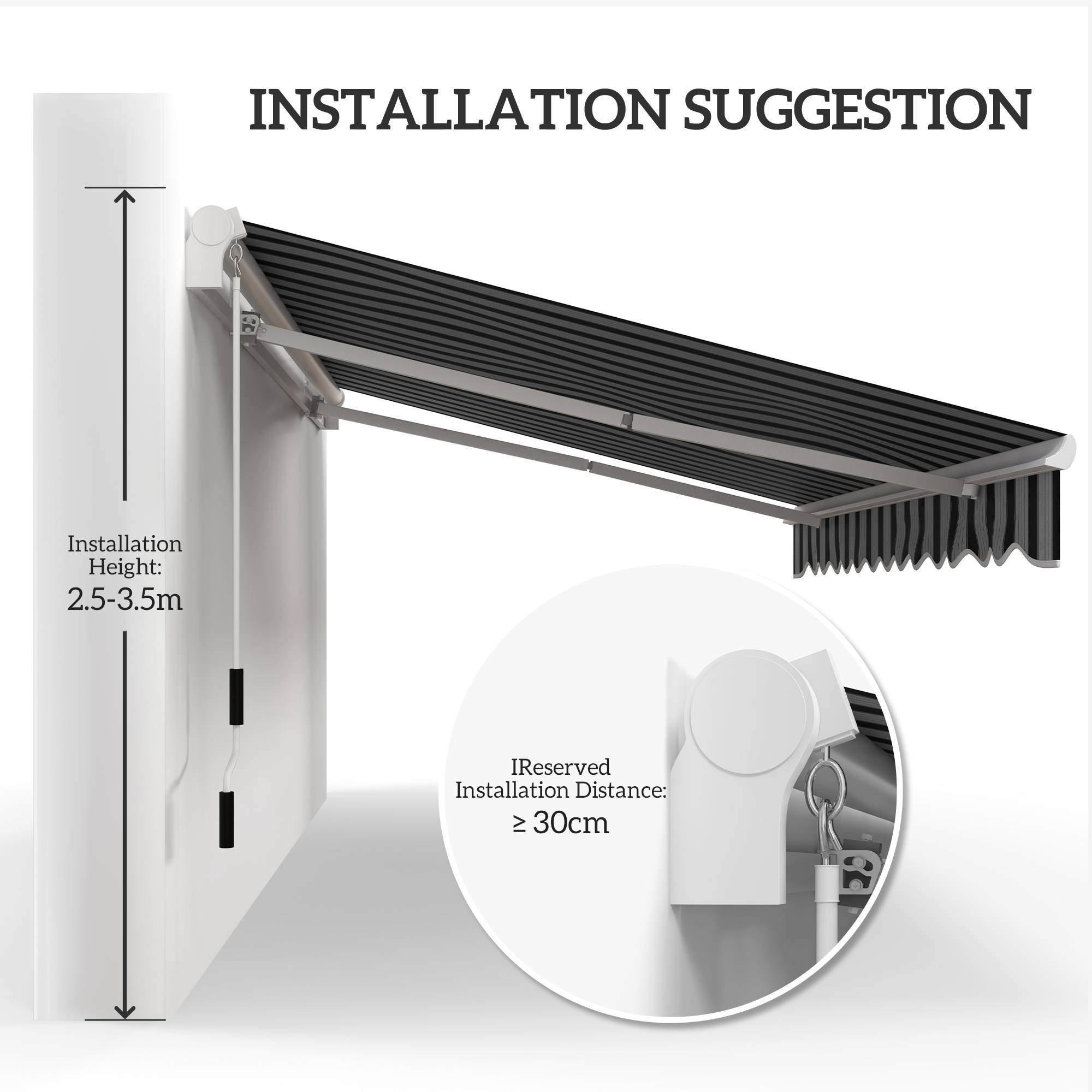 Store banne rétractable manuel 395 x 245 cm, bras articulé à angle réglable, protection UV et étanchéité, fixation murale, bleu et blanc - Image 9