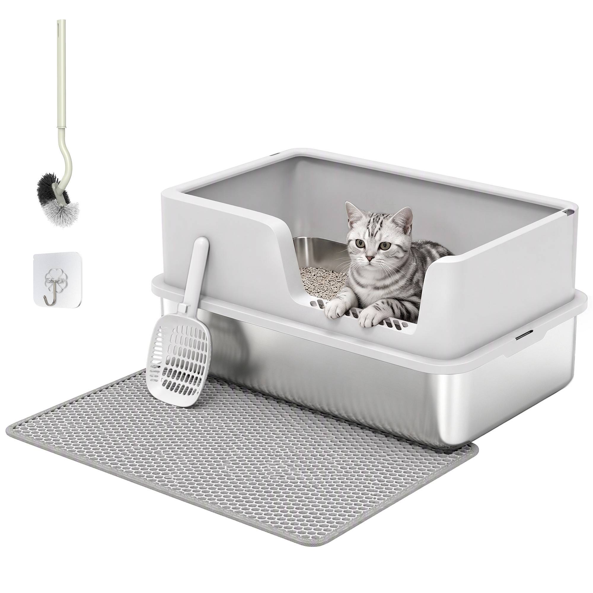 Litière semi-fermée XL avec tapis, 30L, gris clair - Image 2