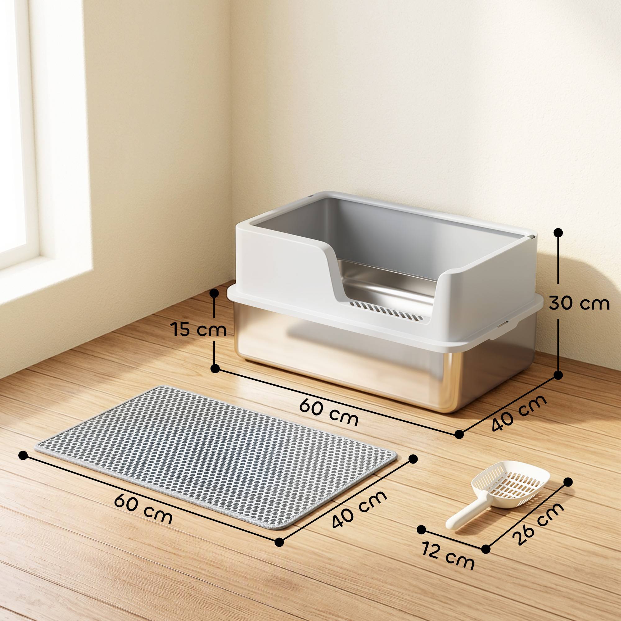 Litière semi-fermée XL avec tapis, 30L, gris clair - Image 5