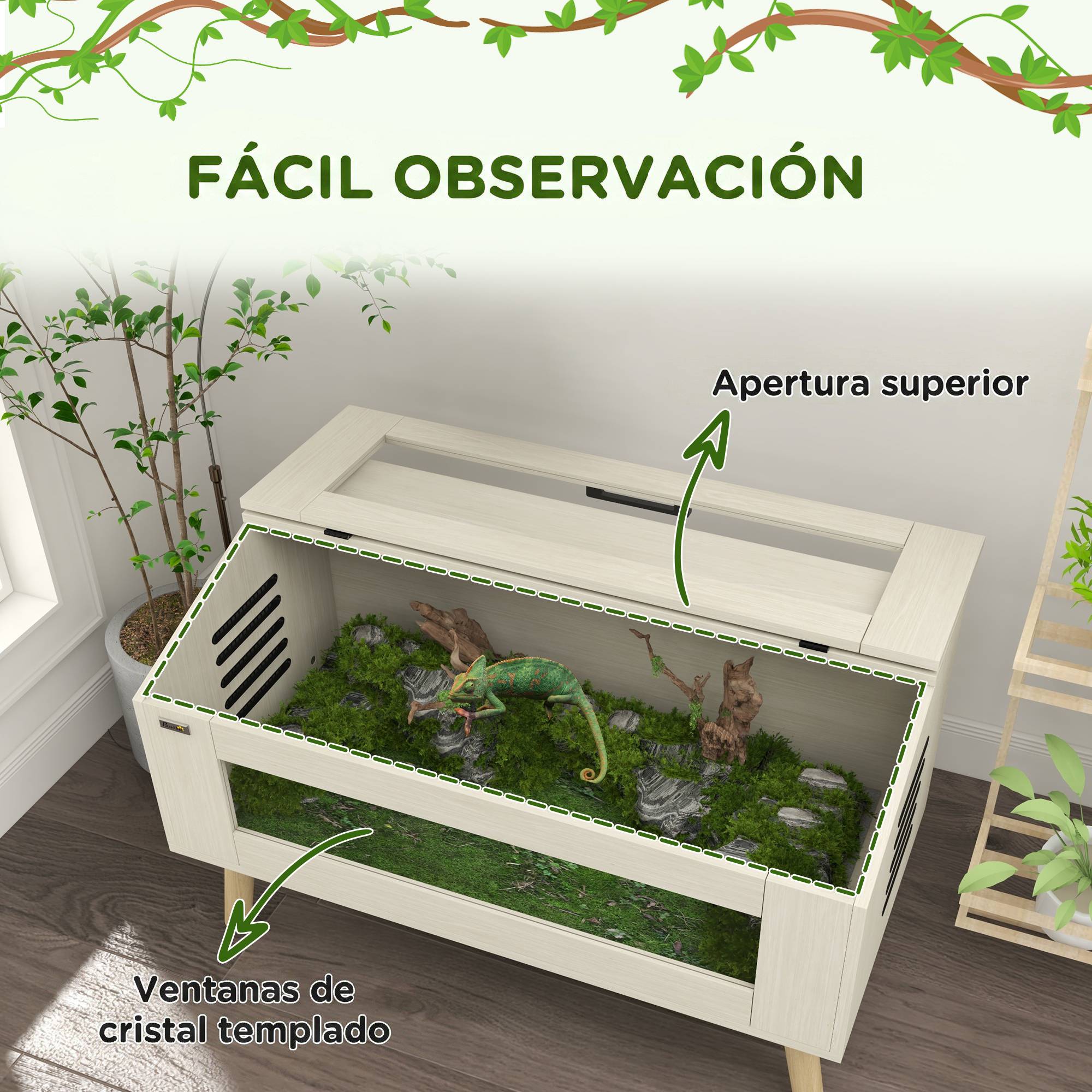 Terrarium reptile 100×50×60cm chêne, maison tortue bois avec étagère & support lampe, panneaux transparents, toit rabattable, bac gris - Image 7