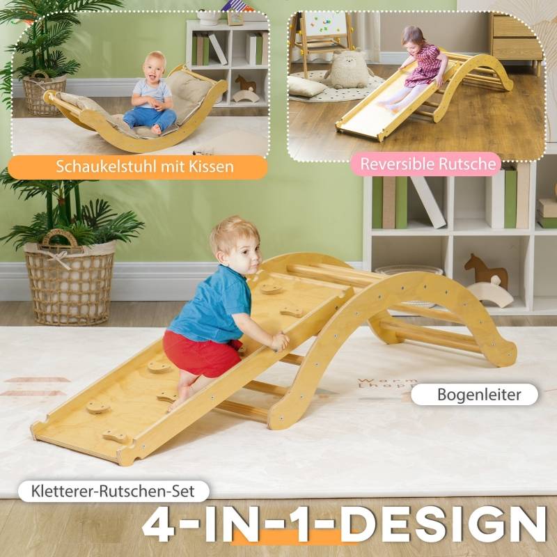 Kit d’escalade 4-en-1 avec arche-pont, balançoire à bascule, coussin et rampe de glisse, pour intérieur, bois - Image 4