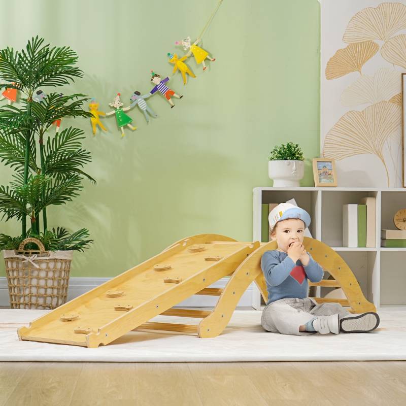 Kit d’escalade 4-en-1 avec arche-pont, balançoire à bascule, coussin et rampe de glisse, pour intérieur, bois - Image 2