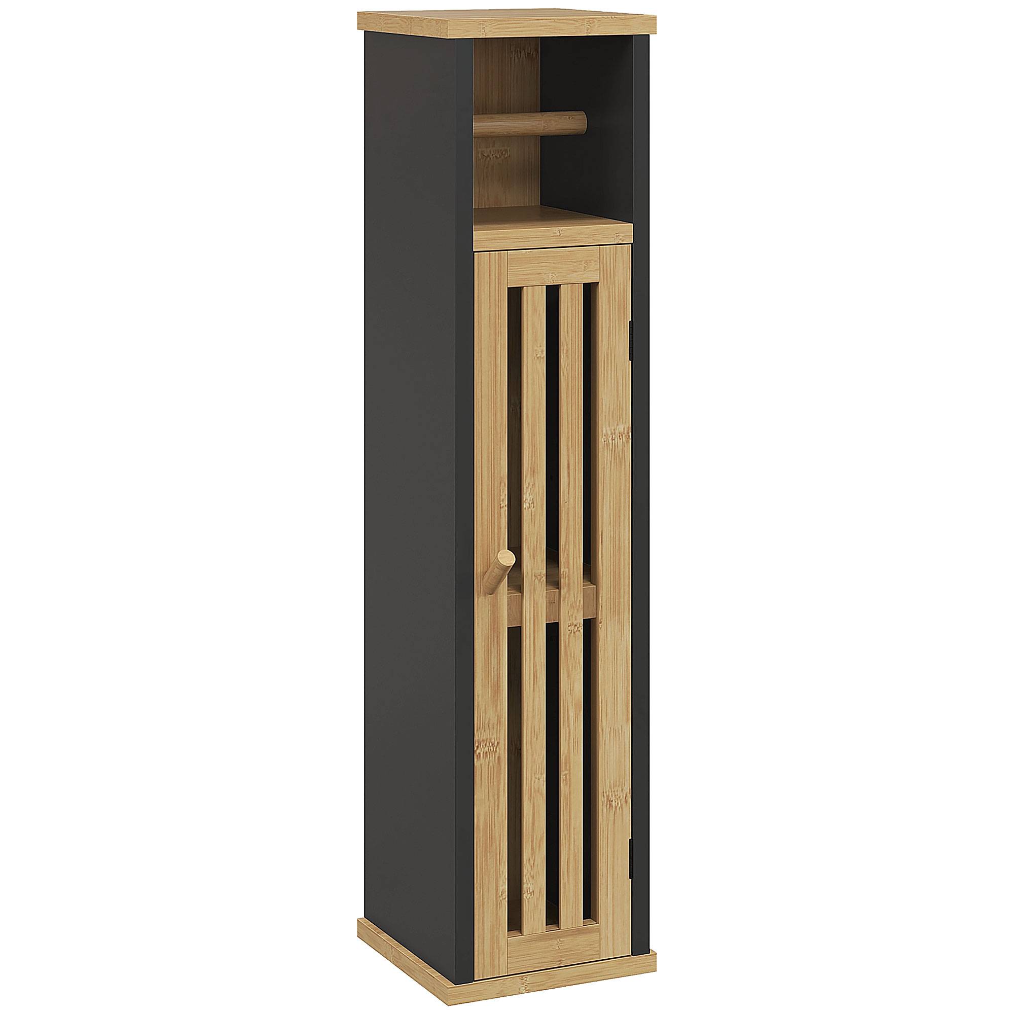 Meuble salle de bain bambou et MDF avec étagère ouverte et placard, rangement compact 18x18x75 cm noir bois moderne - Image 2