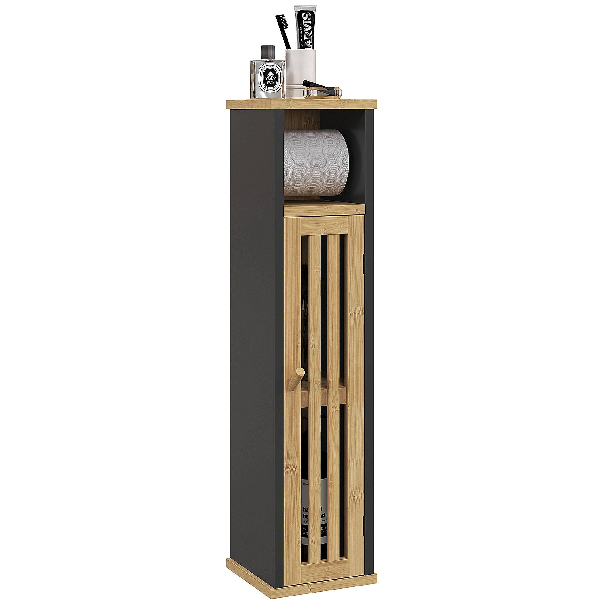 Meuble salle de bain bambou et MDF avec étagère ouverte et placard, rangement compact 18x18x75 cm noir bois moderne - Image 1