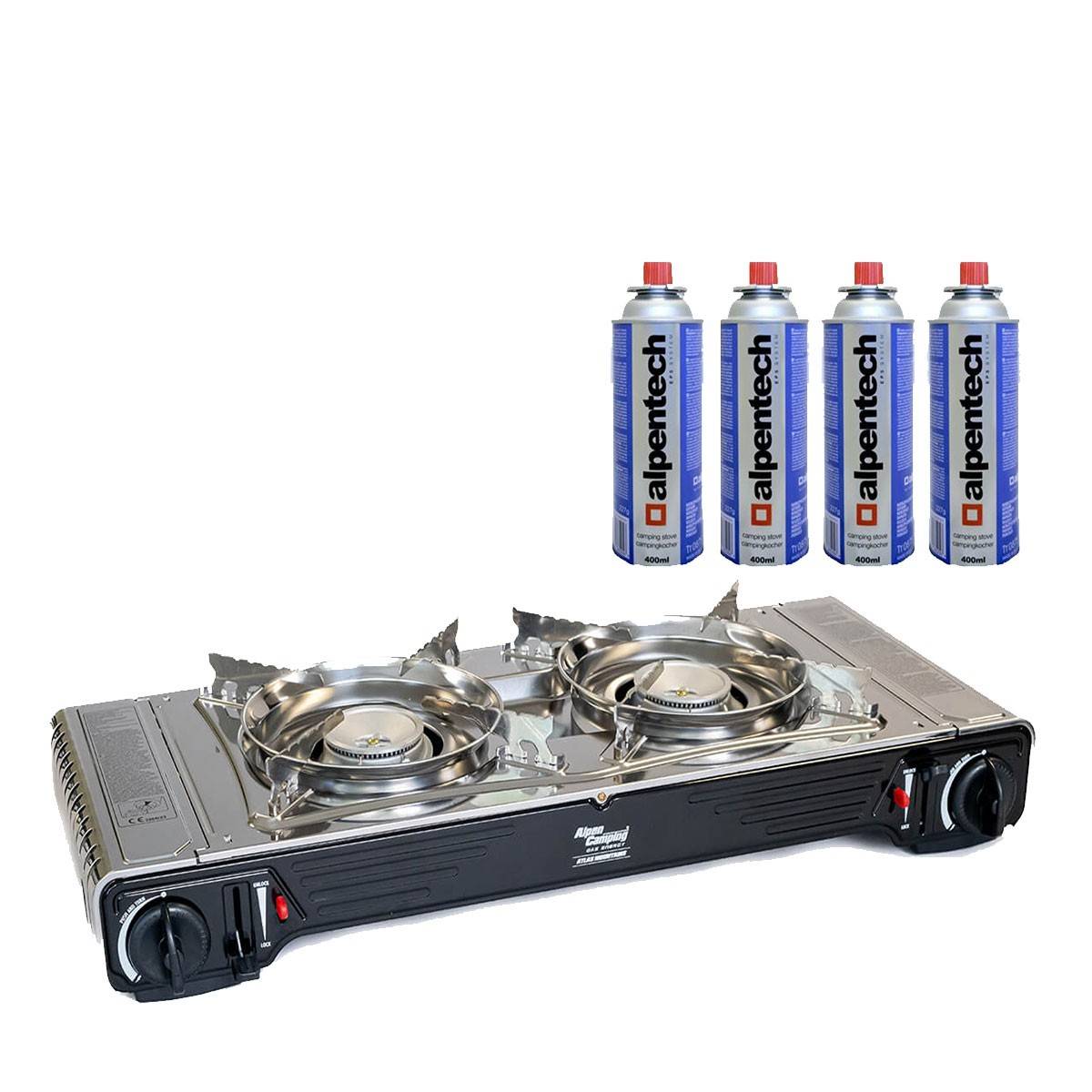 Réchaud à gaz 2 feux 4400W Thermocouple intégré + 4 cartouches de gaz 250gr ALPEN Camping - Image 1