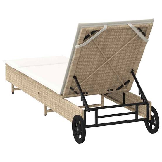 Chaise longue | Transat | Bain de soleil avec roues et coussin beige résine tressée - Image 8