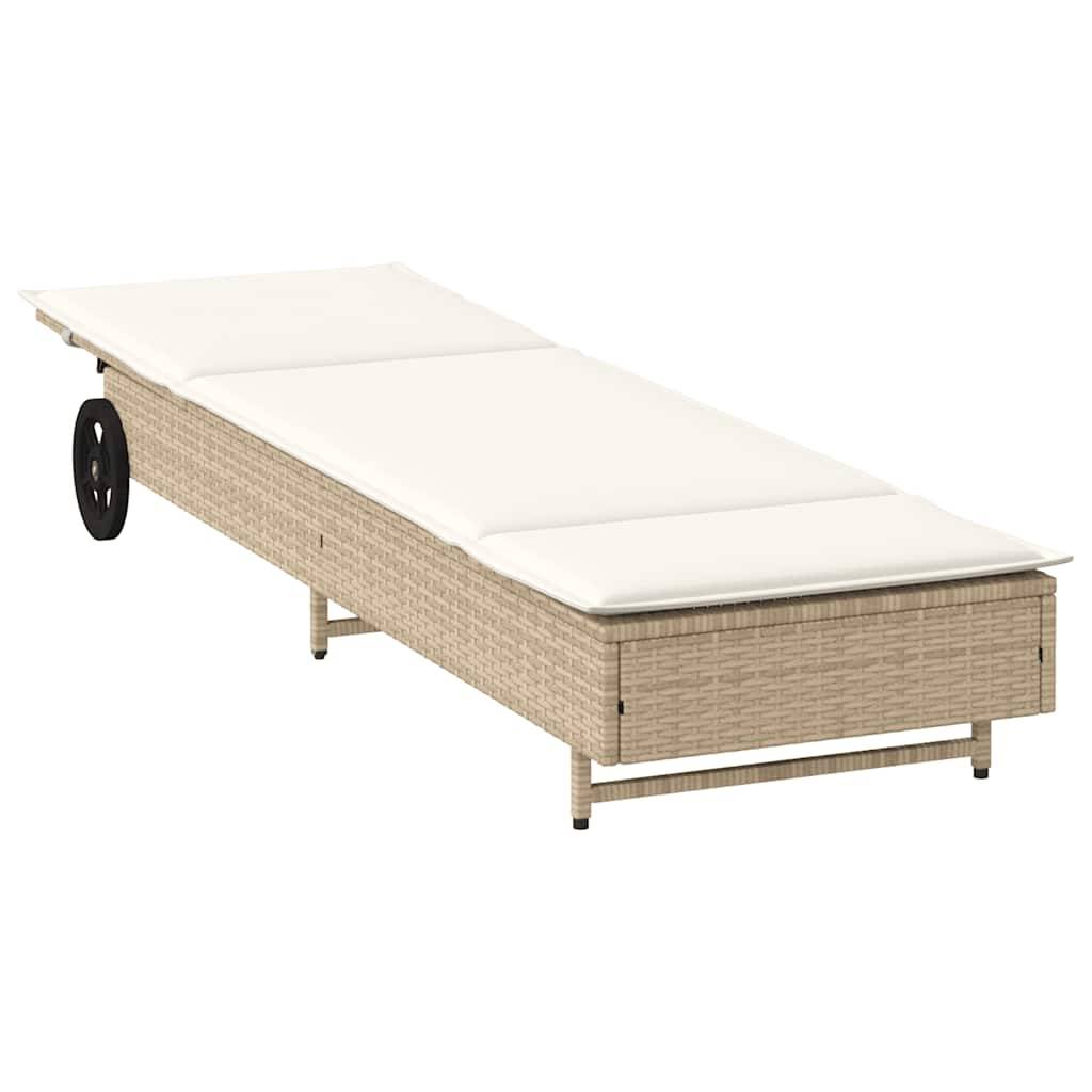 Chaise longue | Transat | Bain de soleil avec roues et coussin beige résine tressée - Image 4