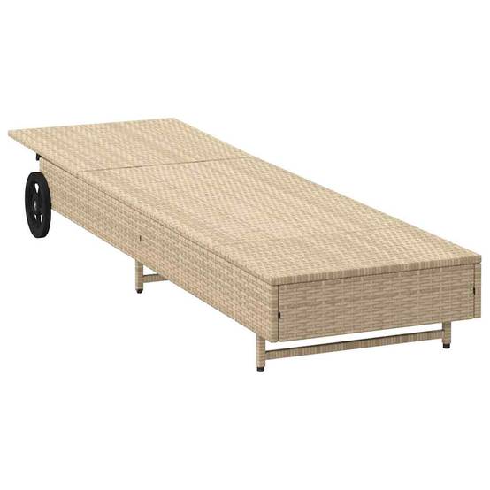 Chaise longue | Transat | Bain de soleil avec roues et coussin beige résine tressée - Image 5