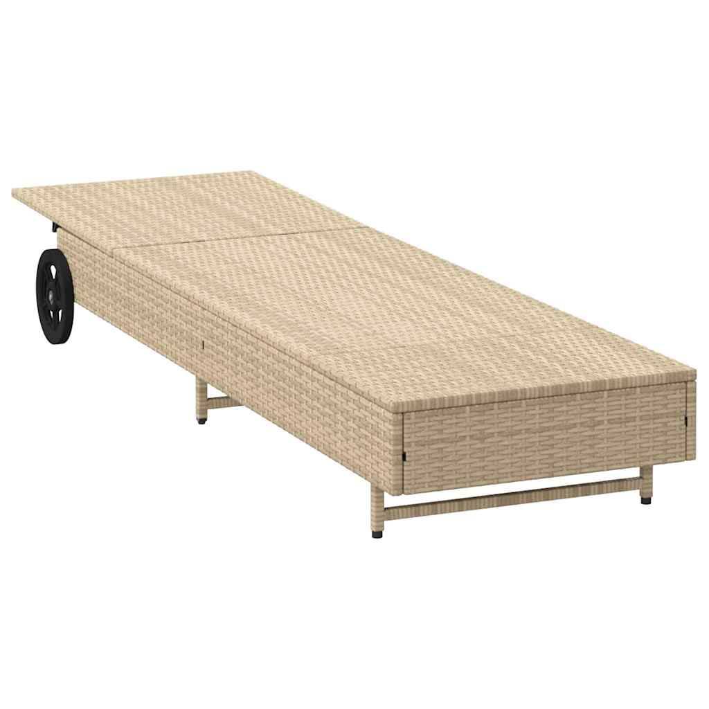 Chaise longue | Transat | Bain de soleil avec roues et coussin beige résine tressée - Image 5