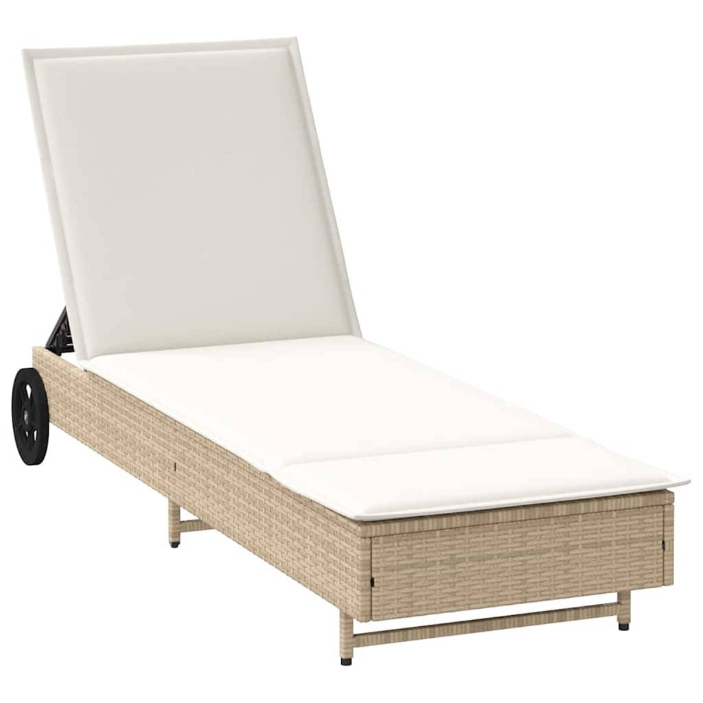 Chaise longue | Transat | Bain de soleil avec roues et coussin beige résine tressée - Image 1