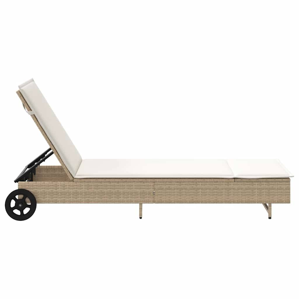 Chaise longue | Transat | Bain de soleil avec roues et coussin beige résine tressée - Image 7